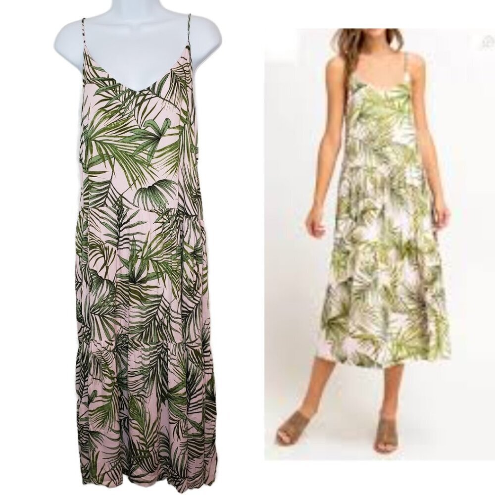 NWT Lush Womens Sz Pink Palm Print Tiered Back Tie Detail Midi Dress(1717)